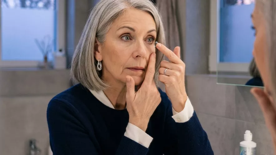 mujer senior colocándose lentillas progresivas en el ojo